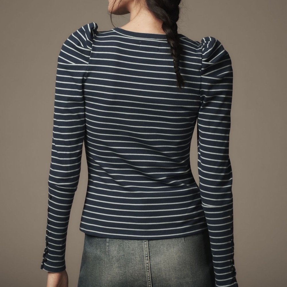 Anthropologie Maeve Puff-Sleeve Top in Blue/White Size S - Picture 2 of 5